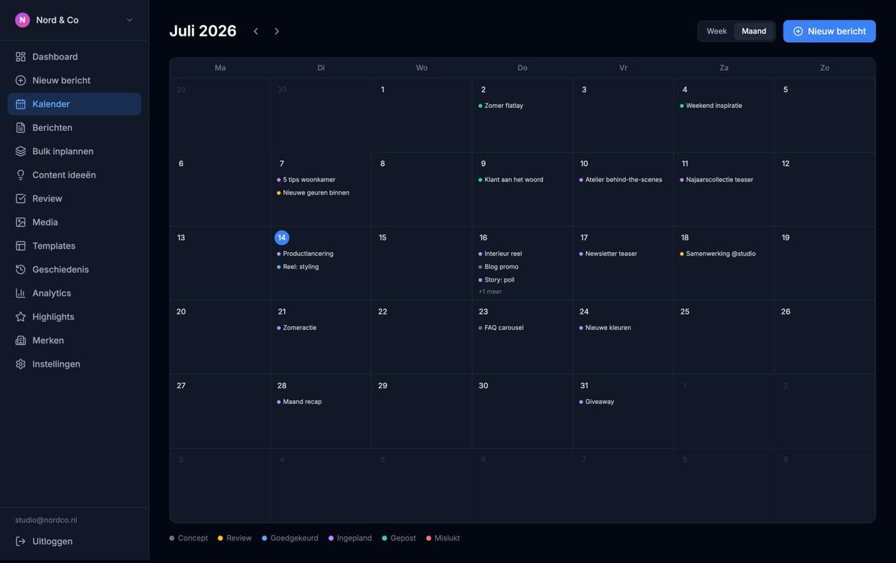 Calendar: your whole content plan in one monthly view. Drag to reschedule.