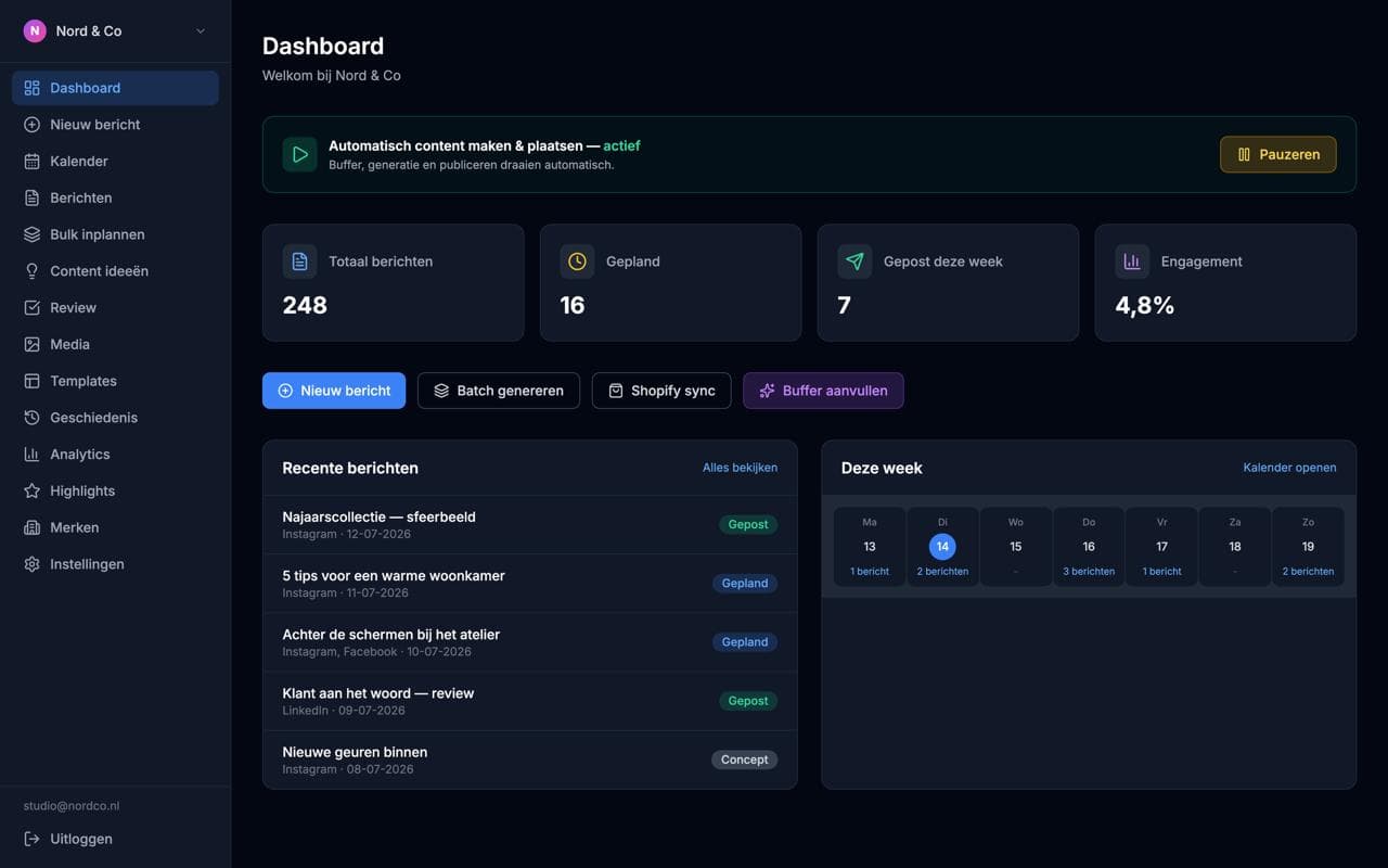 Dashboard: everything on autopilot. Buffer, generation and publishing run on their own. Demo view with a sample brand.