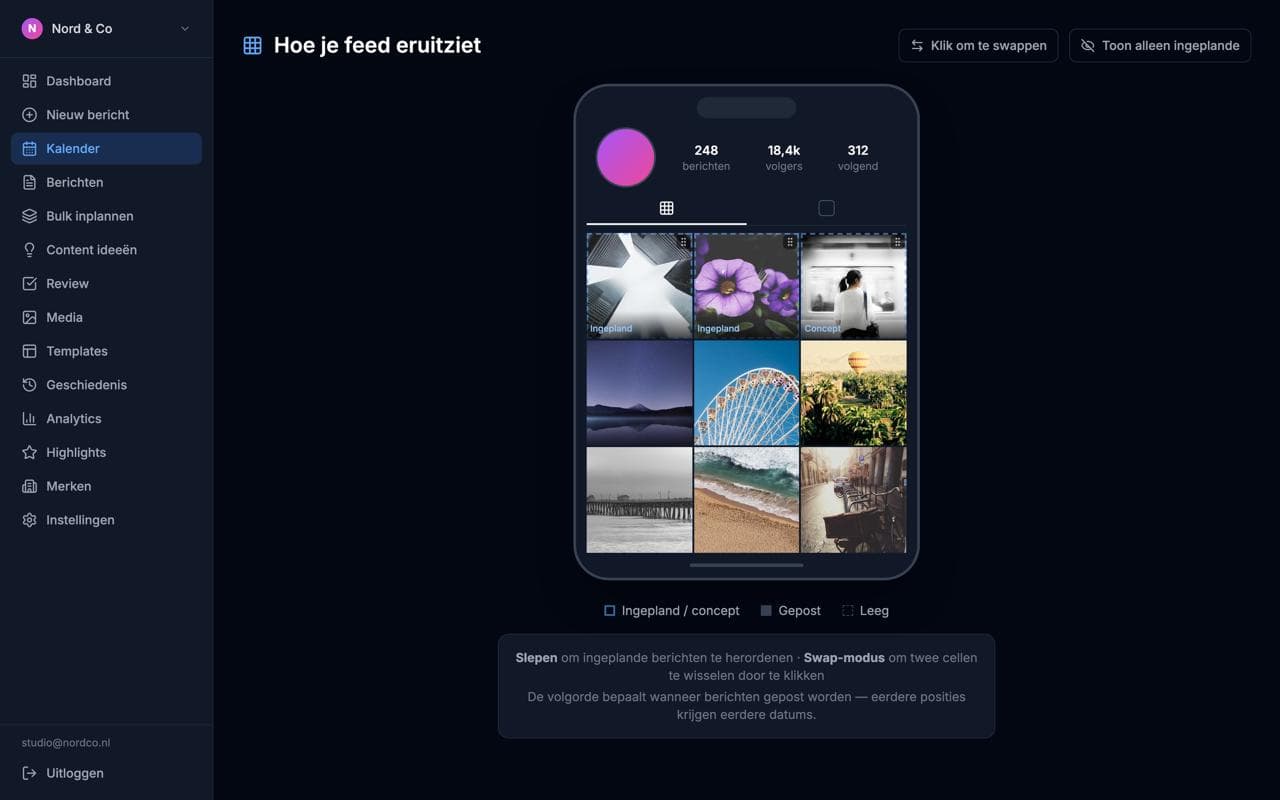 Feed preview: see how your Instagram grid looks before you post, and reorder in one drag.
