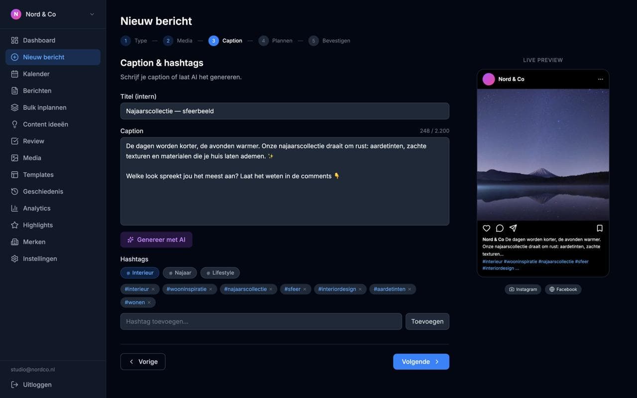 New post: AI writes your caption and hashtags, with a live Instagram preview while you type.