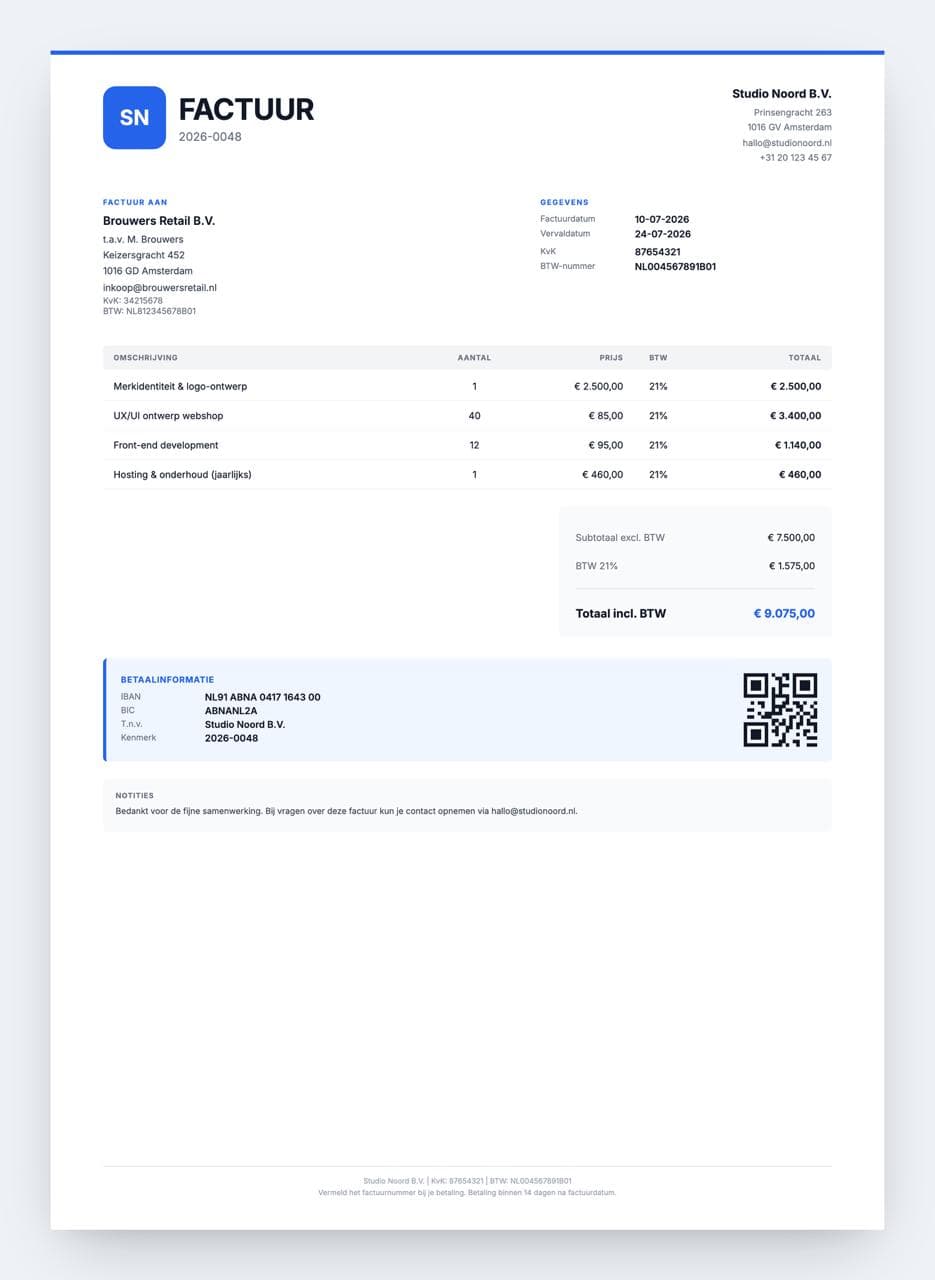 Invoice in your own house style, with an iDEAL payment link and QR code for instant payment.