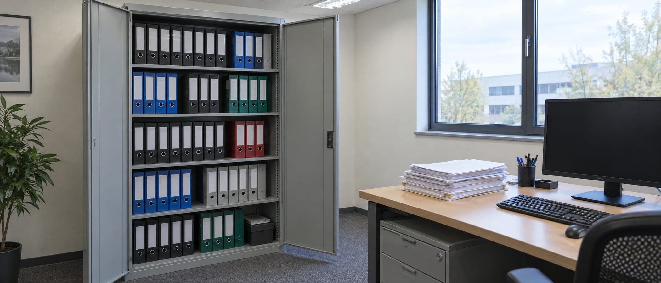 Open archiefkast vol ordners naast een bureau met een stapel papier en een beeldscherm op stand-by