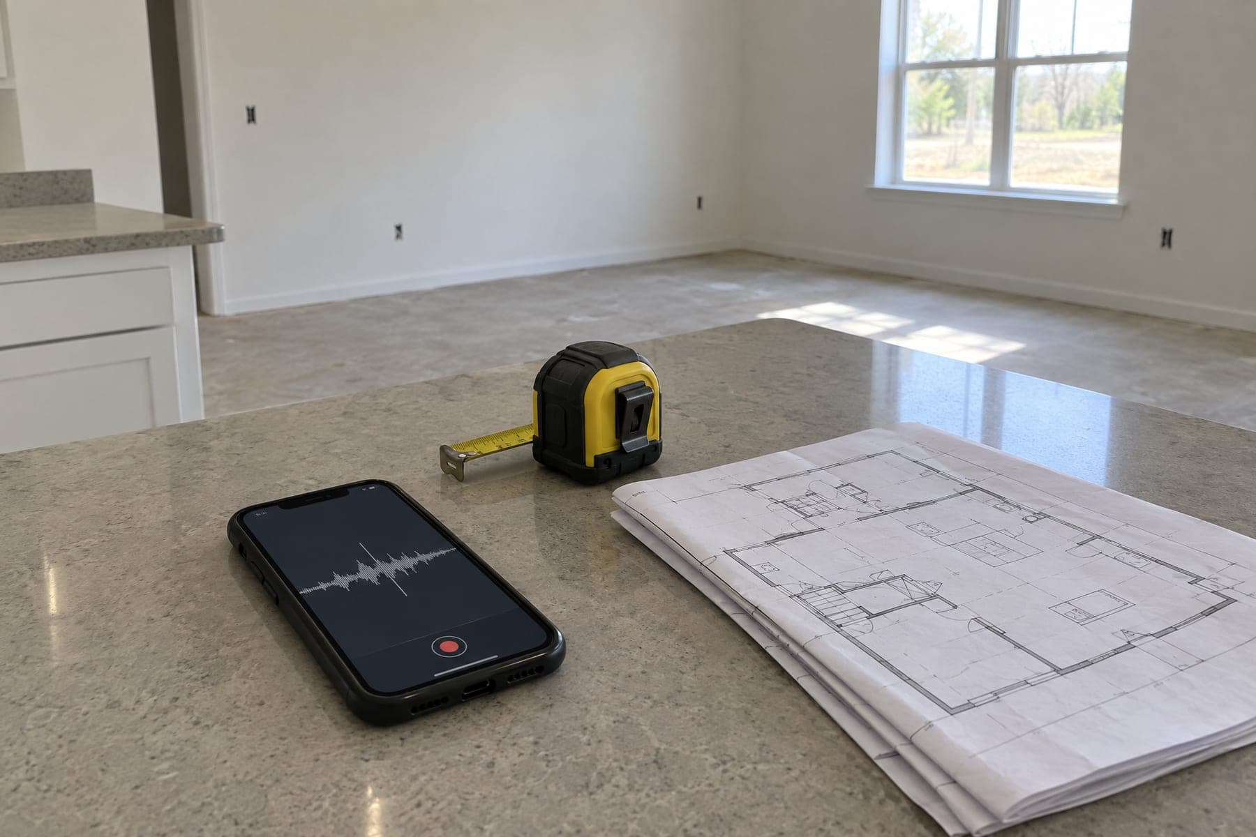 Smartphone with a recording screen on the kitchen counter of an empty house, next to a tape measure and a folded floor plan