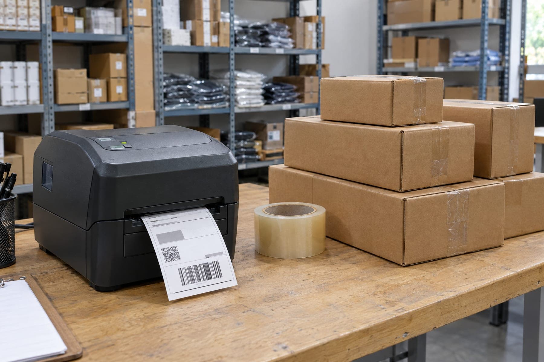 Label printer printing a shipping label next to a stack of taped parcels in a small warehouse