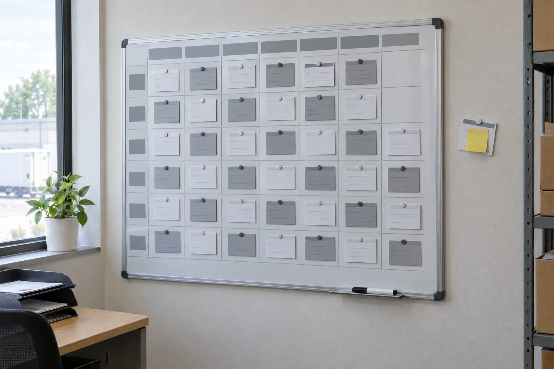 Een wit planbord met kaartjes in rijen en kolommen aan de muur van een kantoor bij een magazijn, rechts stellingen met dozen en buiten een geparkeerde vrachtwagen