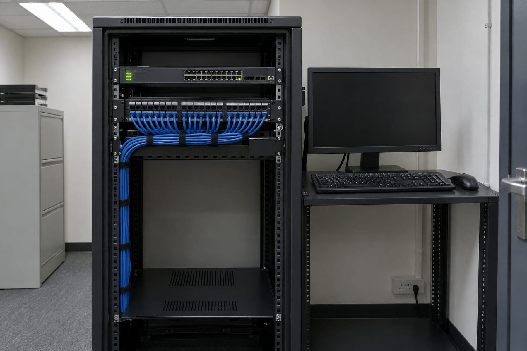 Open serverkast met een switch en een patchpaneel met gebundelde netwerkkabels, ernaast een uitgeschakeld beeldscherm